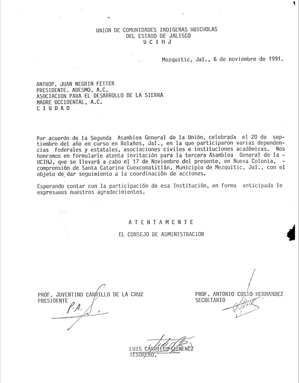 INVITACIÓN A ADESMO A LA 3° ASAMBLEA GENERAL DE LA UCIHJ ~ 6 de noviembre de 1991