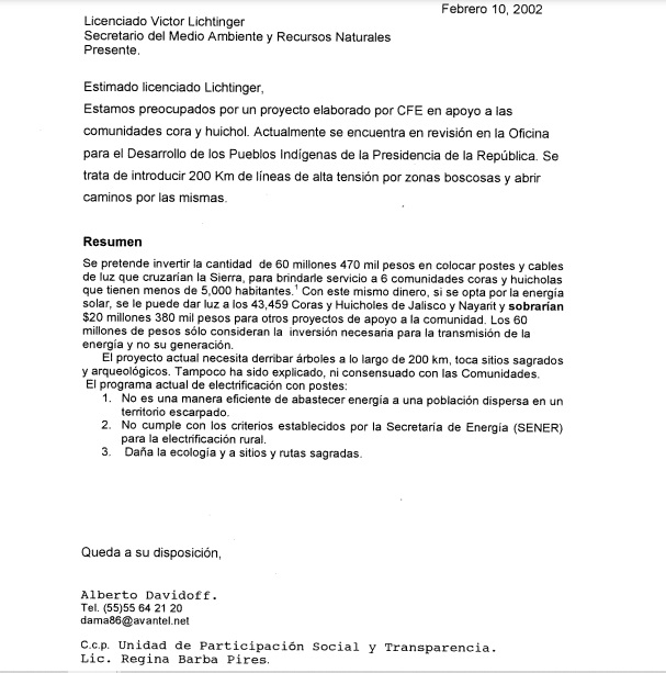 Carta al Secretario de Medio Ambiente y Recursos Naturales ~ 10 de febrero de 2002
