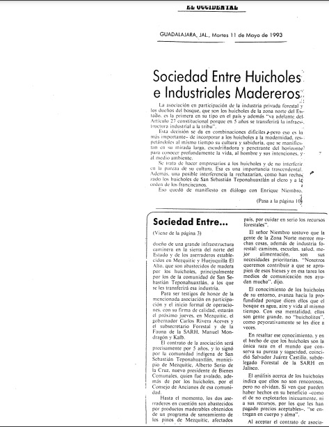 Sociedad entre huicholes e industriales madereros ~ 11 de mayo de 1993