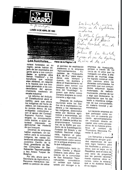 Los huicholes nuevos socios en la explotación maderera ~ 19 de abril de 1993