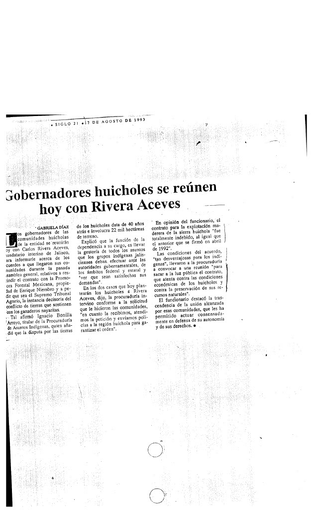 Gobernadores huicholes se reúnen hoy con Rivera Aceves ~ 17 de agosto de 1993