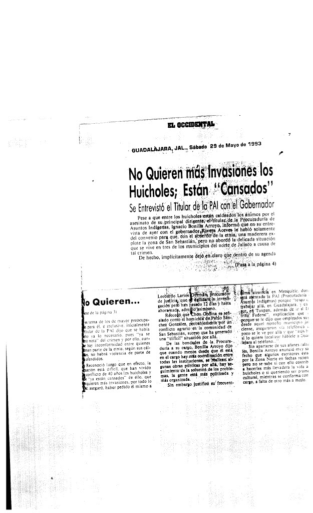 No quieren más invasiones los huicholes; están "cansados" ~ 29 de mayo de 1993