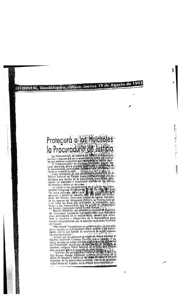 Protegerá a los huicholes la procuraduría de justicia ~ 19 de agosto de 1993
