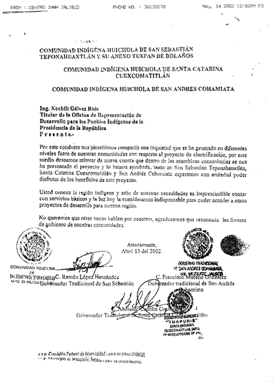Carta de autoridades a Xochitl Galvez, 2002