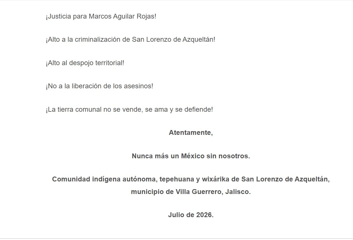 AZQUELTÁN DENUNCIA INTENTO DE LIBERAR ILEGALMENTE A ASESINO DE MARCOS AGUILAR ROJAS