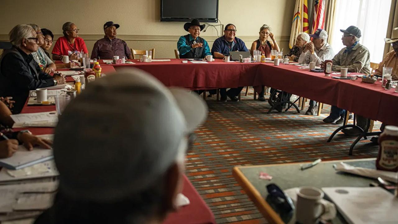 Frank Dayish (wearing black cowboy hat), who grew up on the Navajo reservation, leads one of the Peyote Way of Life Coalition’s meetings in Window Rock, Arizona. Photograph ©Sharon Chischilly/The Guardian