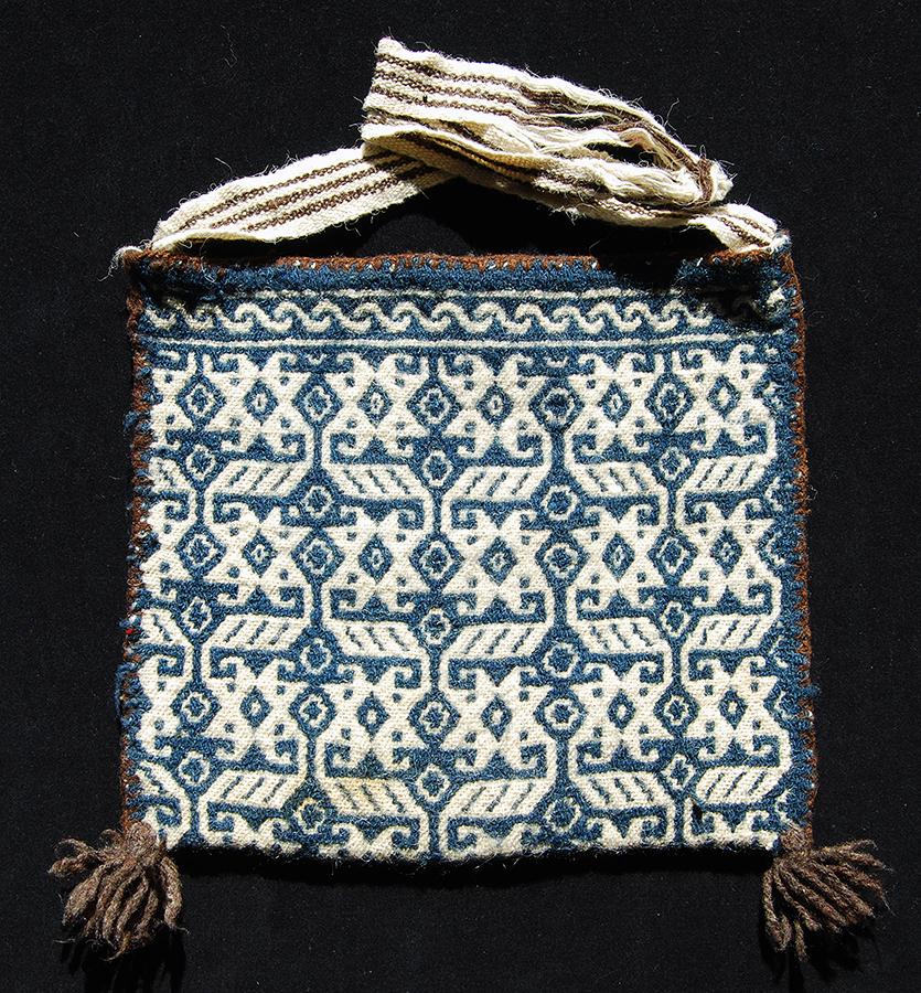 Indigo and white woven shoulder bag or kutsuri.