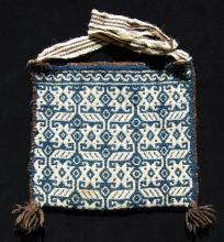 Indigo and white woven shoulder bag or kutsuri.
