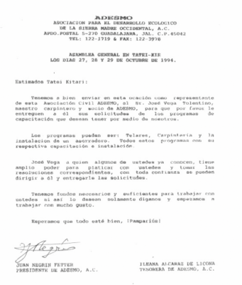 Carta ADESMO asamblea Tateikié 1994