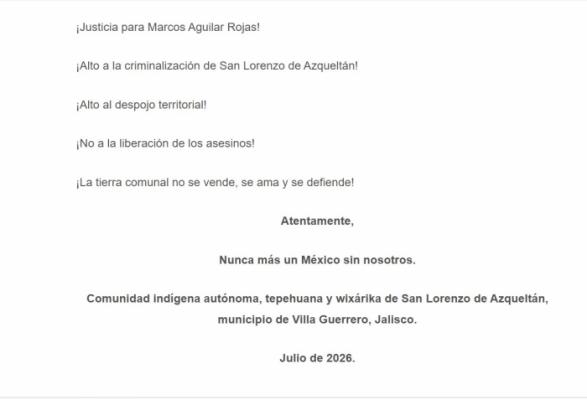 AZQUELTÁN DENUNCIA INTENTO DE LIBERAR ILEGALMENTE A ASESINO DE MARCOS AGUILAR ROJAS